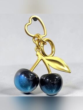 Ombre Blue/Black Iridescent Cherry Keychain Gold Heart Purse Charm